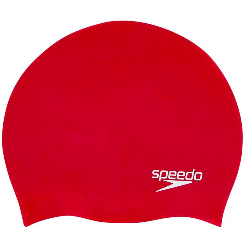 Speedo moulded silicone swimming cap with smooth, snug fit, featuring the Speedo logo for comfortable water sport use.