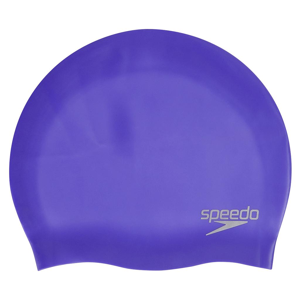 Speedo molded silicone swimming cap, sporting goods, showing a sleek, smooth design in vibrant blue with Speedo branding