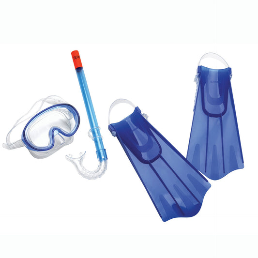 Speedo Aqua Quest Snorkel Set for juniors, including snorkel, mask, and fins, designed for kids' swimming and snorkeling activities.