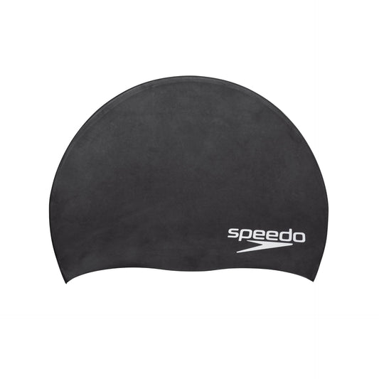Speedo Biofuse swim cap in sleek black, made from flexible, comfortable material for optimal fit during swimming activities.