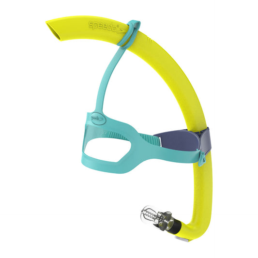 Speedo Bullet Head Junior snorkel with adjustable strap and mouthpiece, designed for kids' swimming and snorkeling activities.