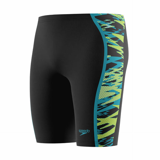 Speedo Hyperboom Splice Jammer Shorts for men, featuring a colorful splice design, designed for competitive swimming and training.