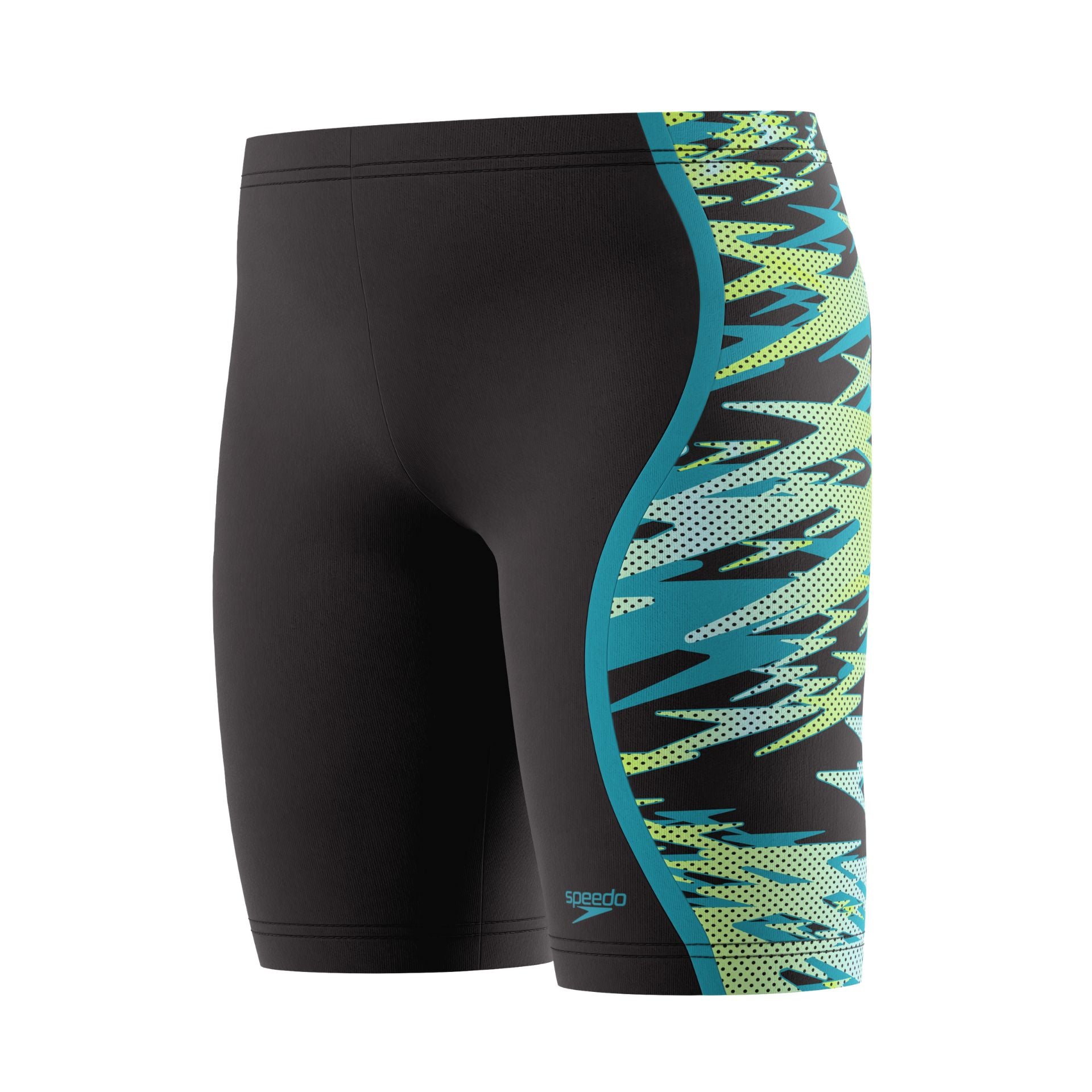 Speedo Hyperboom Splice Junior Jammer Shorts for boys, featuring colorful splice design, ideal for competitive swimming.