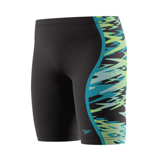 Speedo Hyperboom Splice Junior Jammer Shorts for boys, featuring colorful splice design, ideal for competitive swimming.