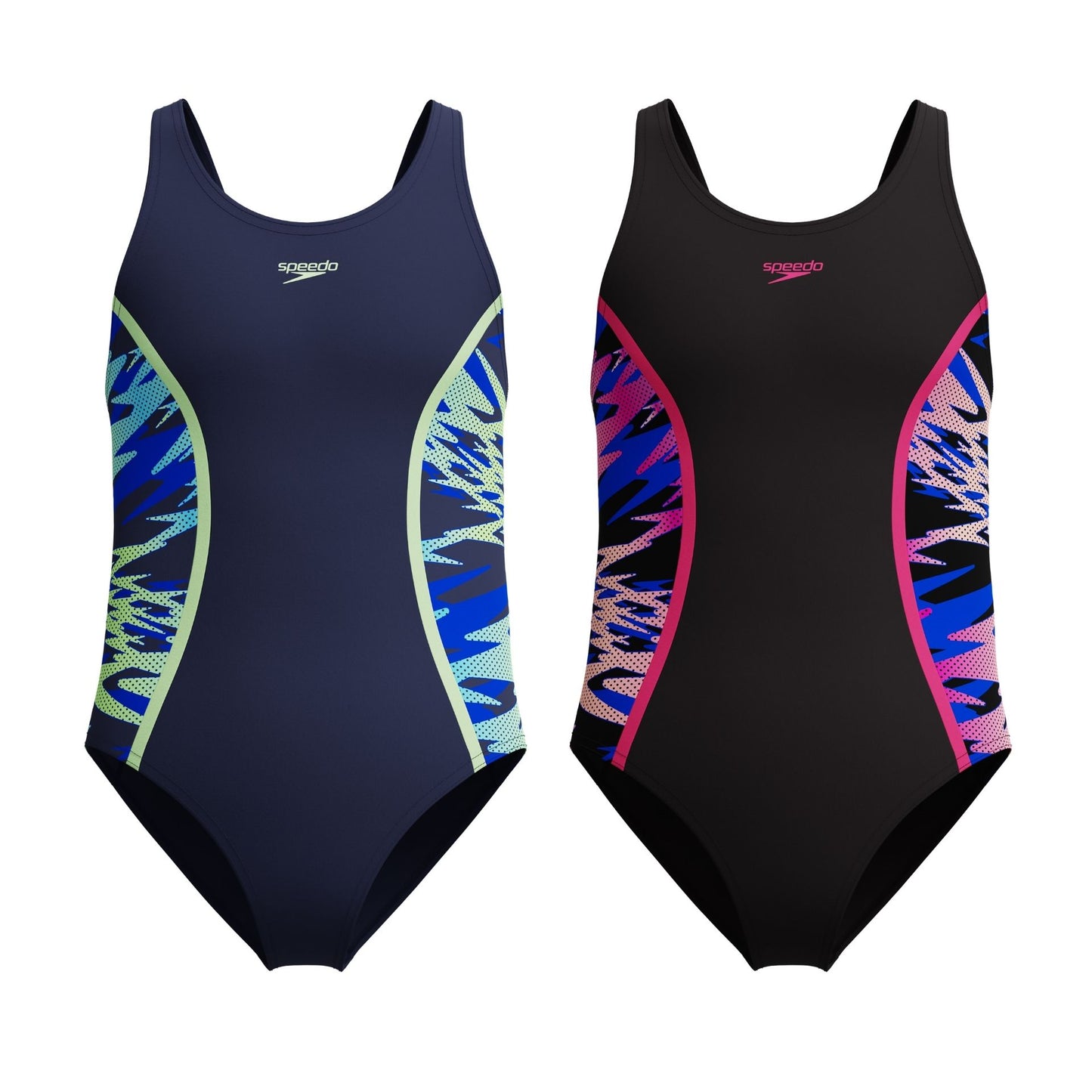 Speedo Hyperboom Splice Muscleback teen swimsuit in navy with colorful splice design, designed for competitive swimming.
