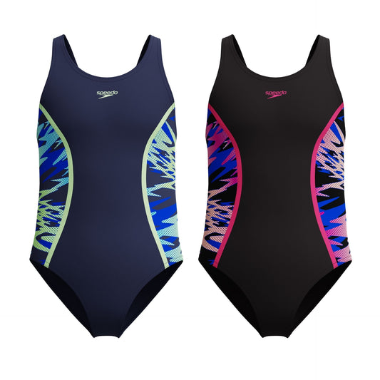 Speedo Hyperboom Splice Muscleback teen swimsuit with vibrant splice design, athletic fit, and sleek black and colorful pattern.