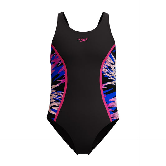 Speedo Hyperboom Splice Junior Swimsuit featuring a vibrant, colorful muscleback design for young swimmers.
