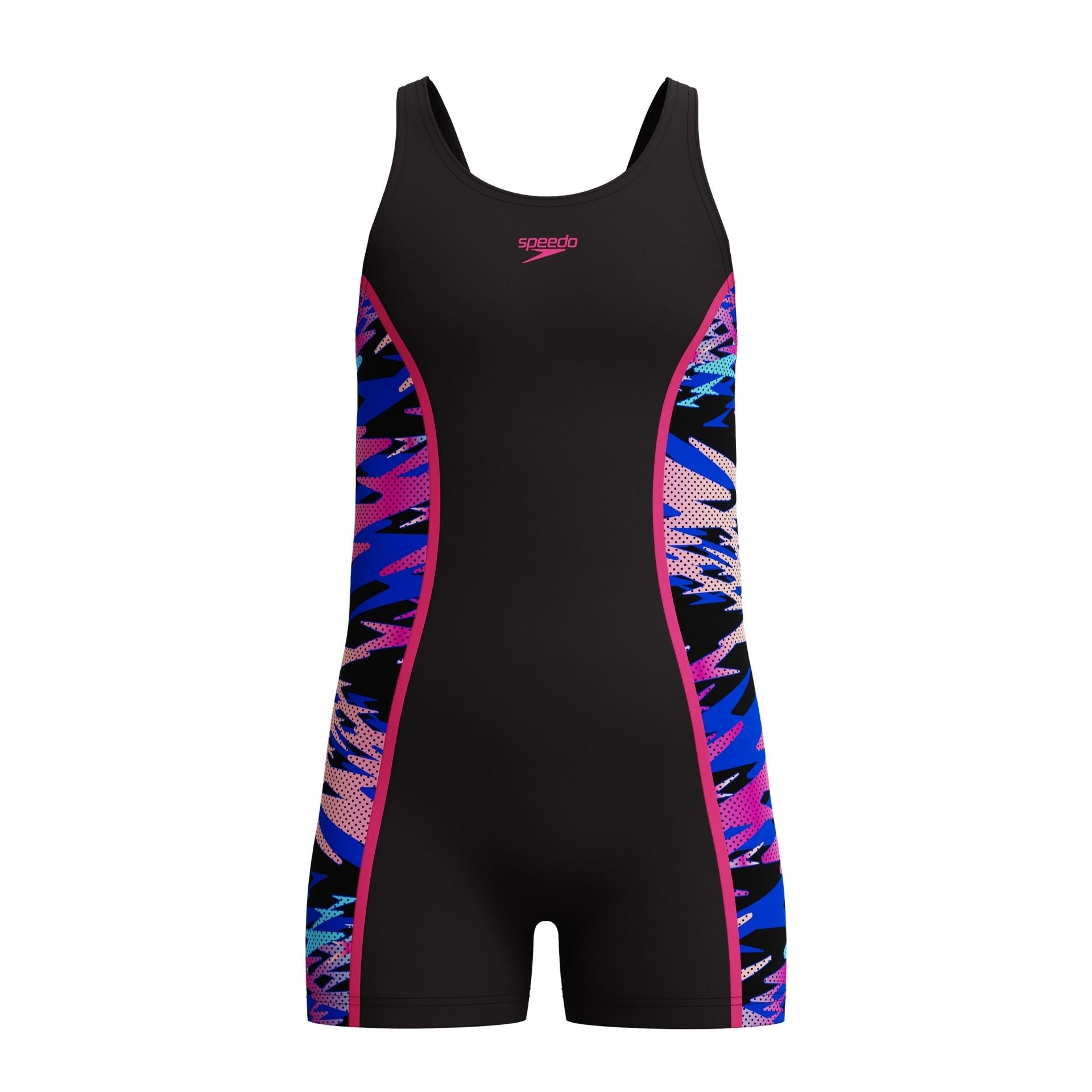 Speedo HyperBoom Splice Junior Legsuit in bright colors, designed for competitive swimming and youth athletic performance.