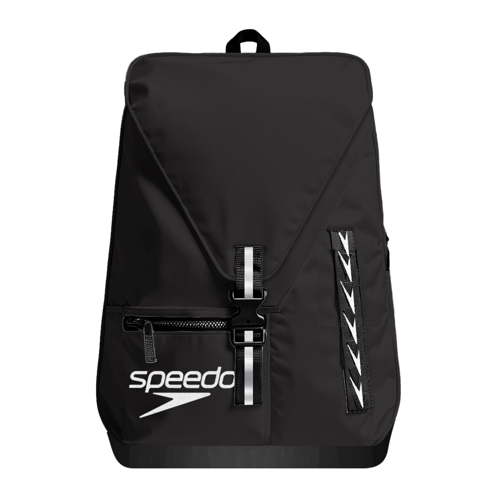 Speedo 35L Team Bag in black with multiple compartments, durable sports bag designed for swimmers and athletes.