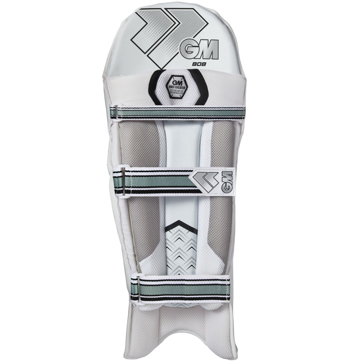 Gunn & Moore GM Cricket 808 batting pads shown from the back, padded leg guards with adjustable straps for cricket protection.