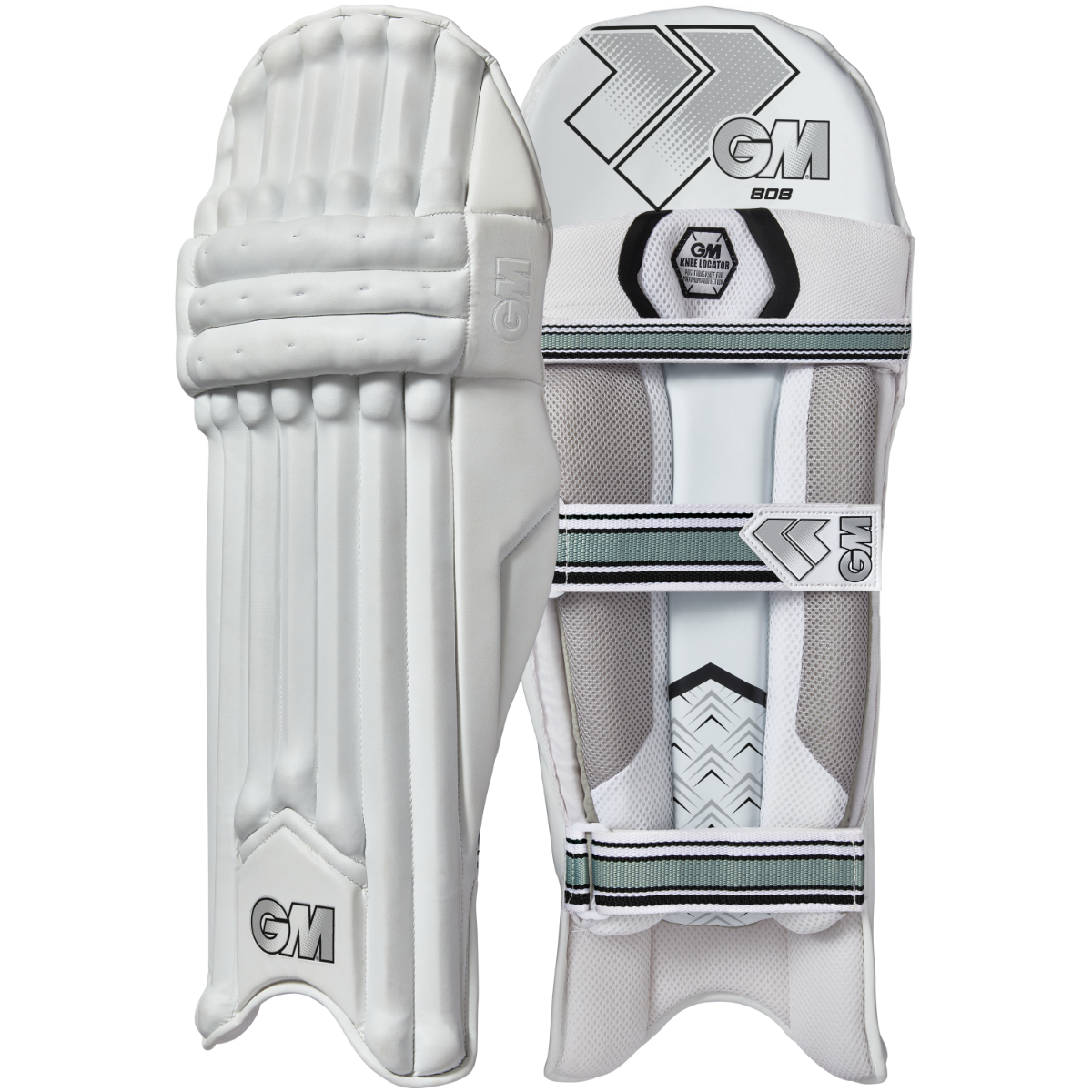 Gunn & Moore GM Cricket 808 batting pads with white and black design, padded protection for cricket batting.
