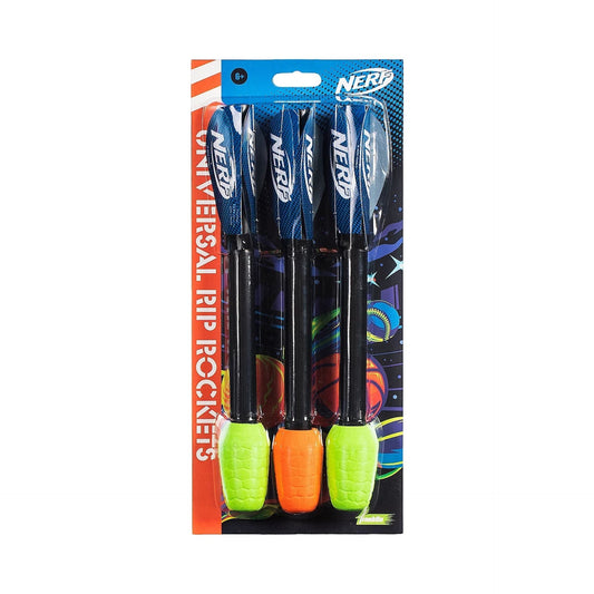 Nerf Universal Rip Rockets 3-Pack for sporting fun, featuring foam rockets with rip-open design and bright colors.