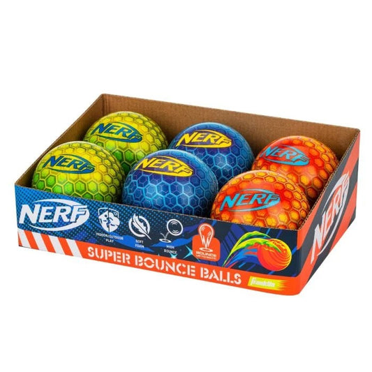 Colorful Nerf Super Bounce Balls for outdoor play, featuring vibrant designs and durable rubber construction for active sports fun.