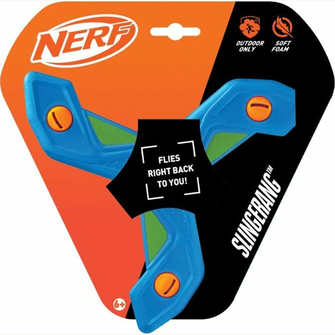 Nerf Slingerang Foam Boomerang in bright orange with black accents, designed for outdoor sporting fun and safe play.