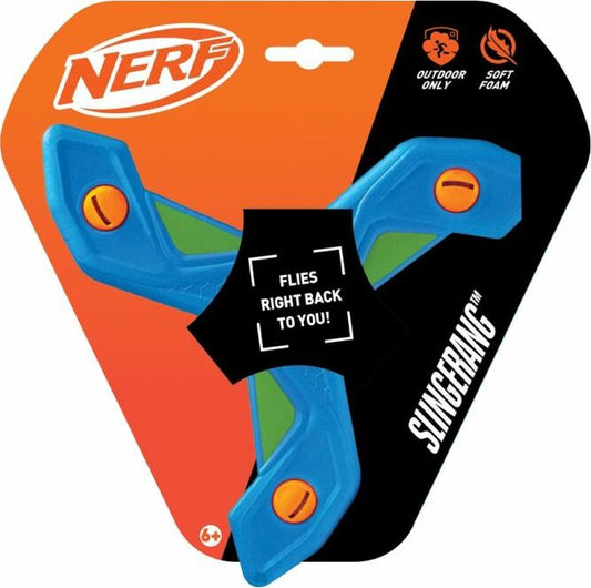 Nerf Slingerang Foam Boomerang in bright orange with black accents, designed for outdoor sporting fun and safe play.