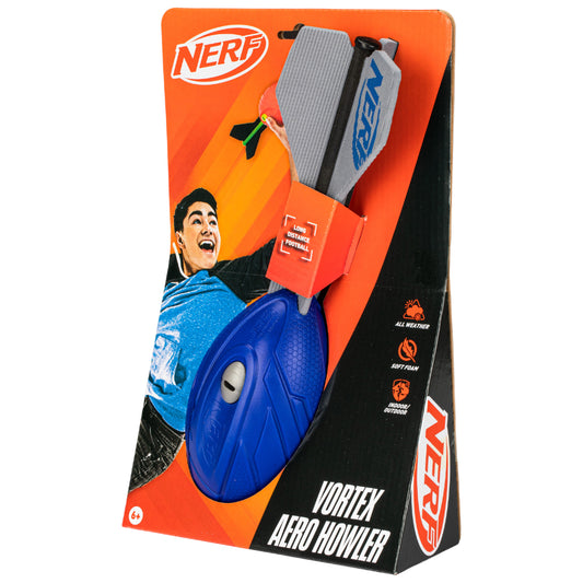 Nerf Vortex Aero Howler foam ball for outdoor sports and play, featuring bright colors and a fun, howling sound.