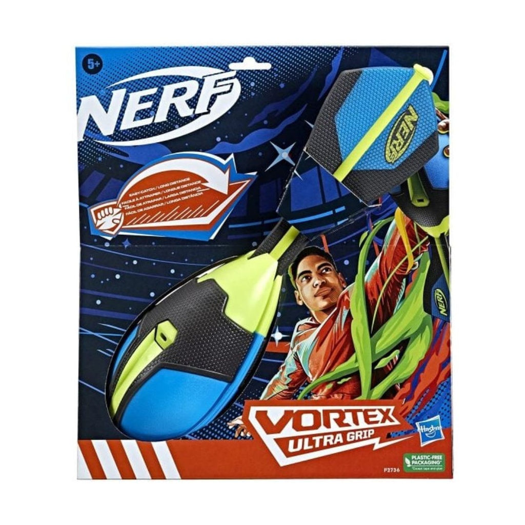 Nerf Vortex Ultra Grip Football in orange and blue, designed for outdoor play and easy grip during sporting activities.