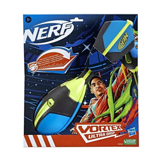 Nerf Vortex Ultra Grip Football in orange and blue, designed for outdoor play, showcasing textured grip surface and brand logo.