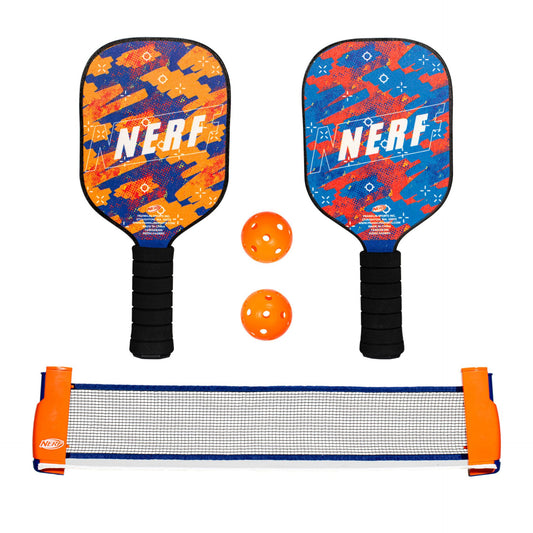 Nerf Table Top Mini Pickleball Set with paddles and ball for indoor and outdoor play, in compact sporting goods packaging.