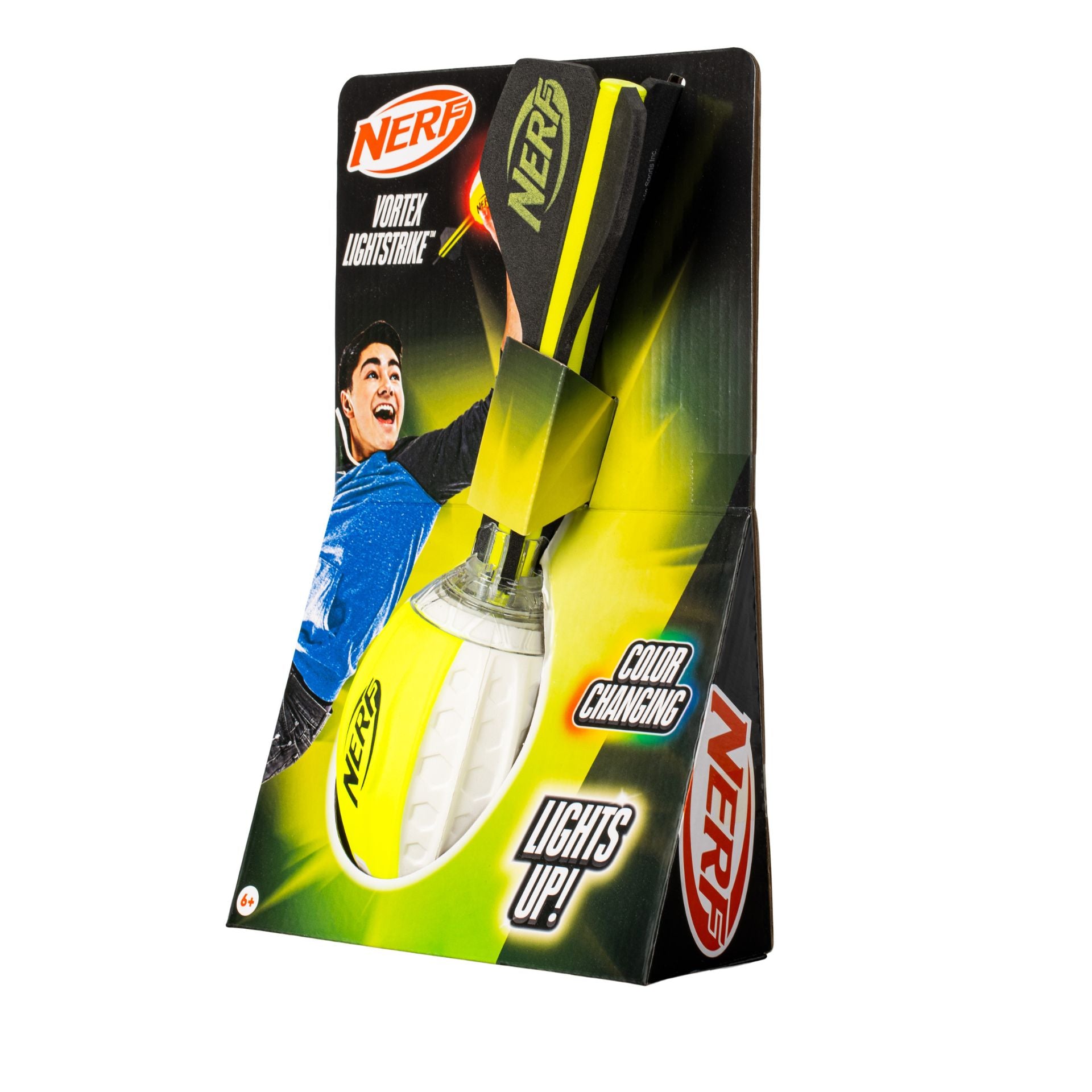 Nerf Light Strike Vortex Howler foam dart blaster with neon accents and glowing light features, designed for outdoor play.