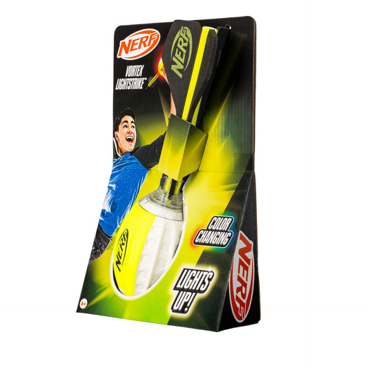 Nerf Light Strike Vortex Howler foam dart blaster with neon accents and glowing light features, designed for outdoor play.