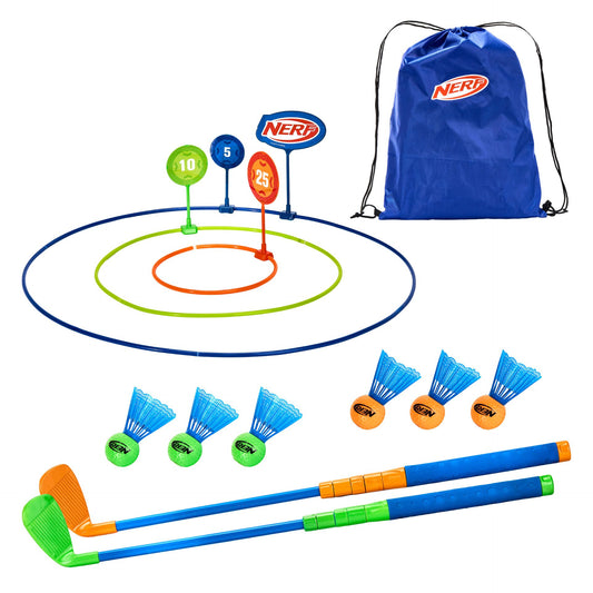 Nerf Birdie Shot golf set with colorful plastic golf clubs and balls for kids' outdoor sporting activities.