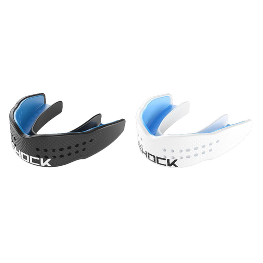 Shock Doctor SuperFit Power All Sport Mouth Guard in black, showing its molded shape and athletic design for sports protection.