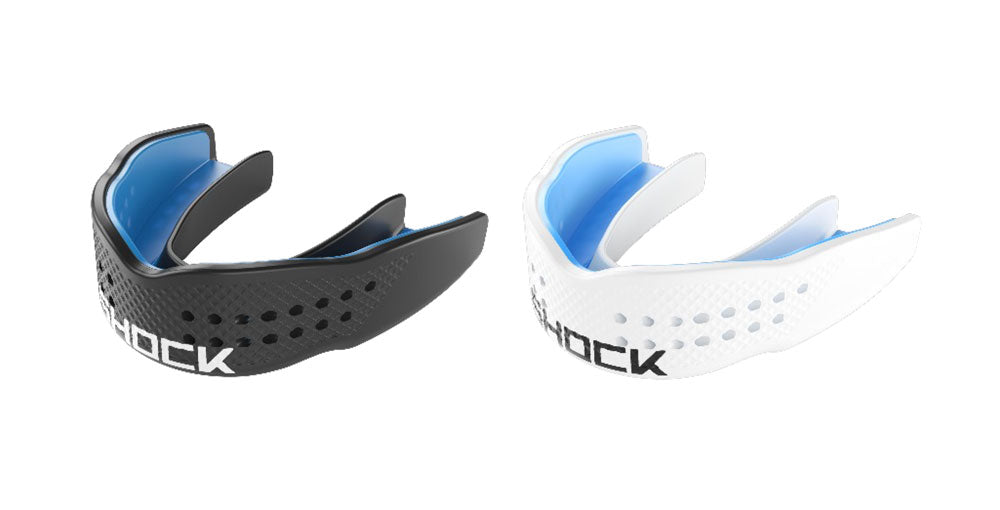 Shock Doctor SuperFit Power All Sport mouth guard in white, designed for protective sports gear and athletic use.
