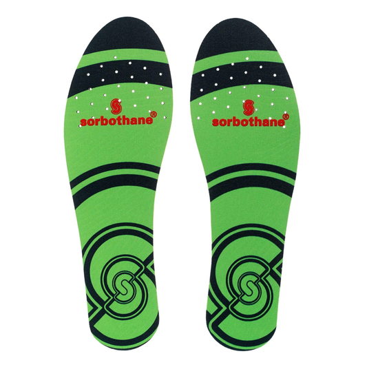 Sorbothane Single Strike insoles for sporting goods, showing cushioned, black insoles designed for athletic comfort and support.