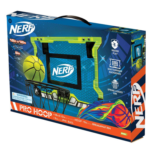 Nerf Pro Hoop Over The Door Basketball Set hanging on a door, includes mini basketball and hoop for indoor sports fun.