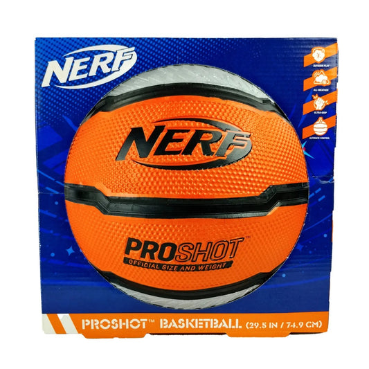 Nerf Proshot Rubber Basketball V2 for sporting goods, showing the orange rubber basketball with black details and Nerf branding.