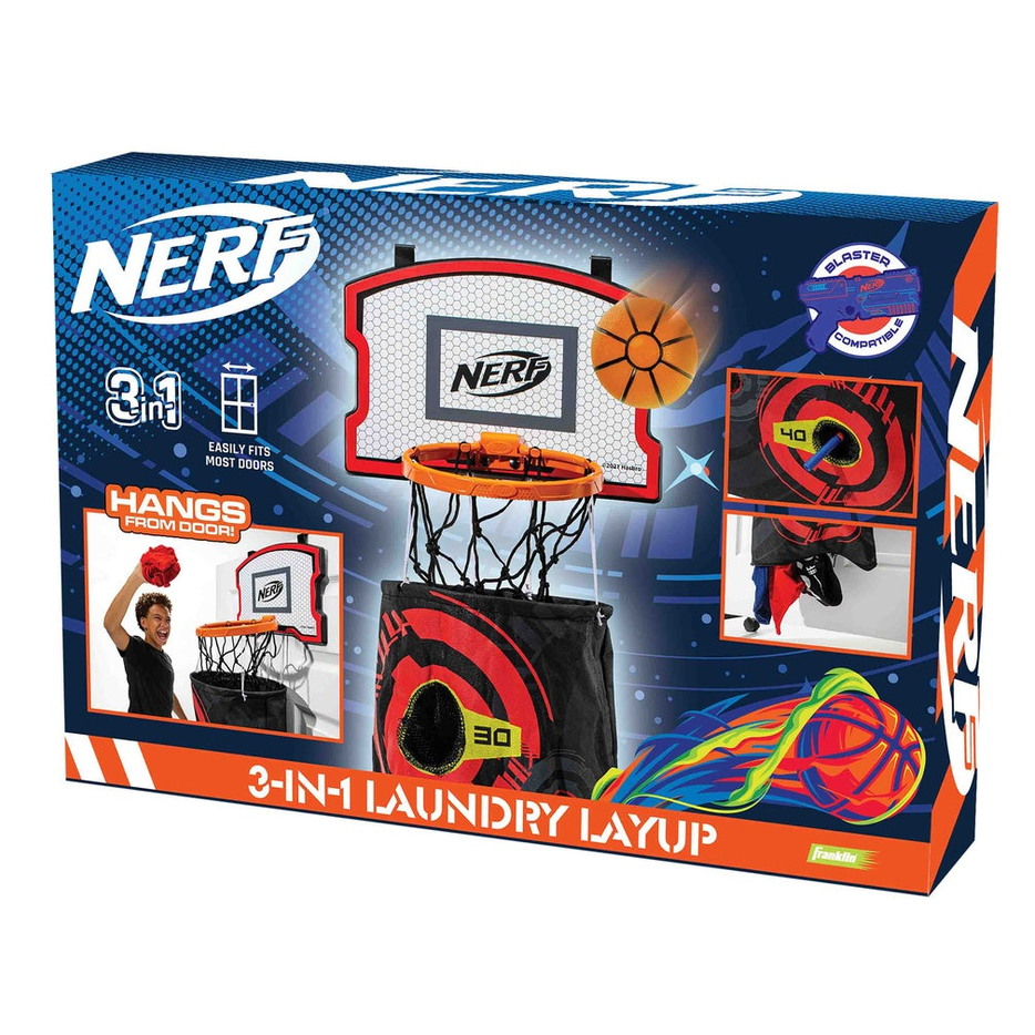 Nerf 3-in-1 Laundry Basket and Basketball Hoop, sporting goods with orange and blue design for indoor basketball play and laundry storage.