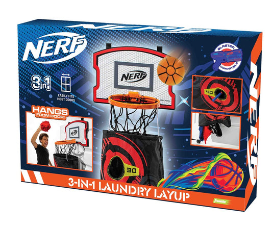 Nerf 3-in-1 Laundry Basket and Basketball Hoop, sporting goods with orange and blue design for indoor basketball play and laundry storage.