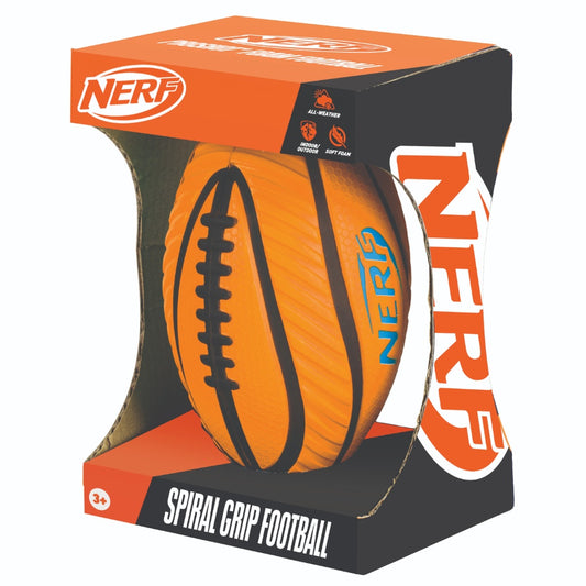 Nerf Spiral Grip Foam American Football with textured surface and bright orange color for easy grip and throwing.