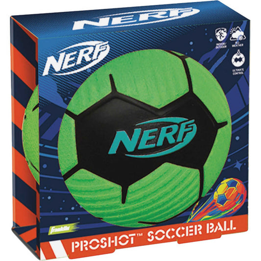 Nerf Proshot foam soccer ball for outdoor sports and active play, featuring bright colors and soft foam construction.