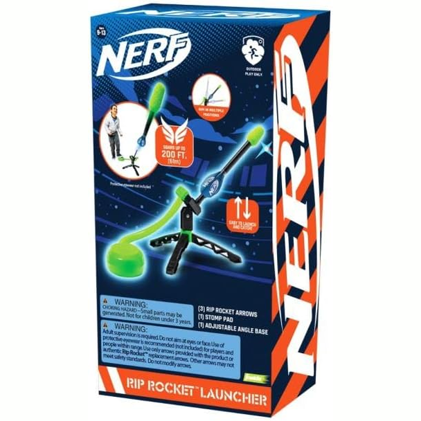 Nerf Rip Rocket launcher from Nerf sporting goods set, showcasing the bright orange and blue toy blaster with foam rockets.