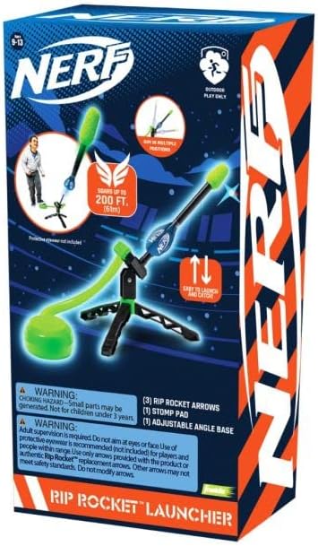 Nerf Rip Rocket launcher from Nerf sporting goods set, showcasing the bright orange and blue toy blaster with foam rockets.