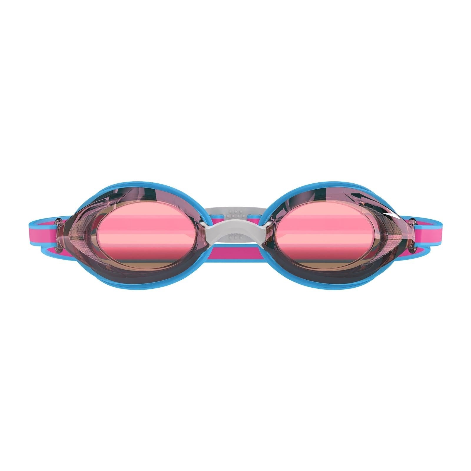 Junior Speedo Vanquisher 3.0 mirror goggles with adjustable straps and reflective lenses for young swimmers.
