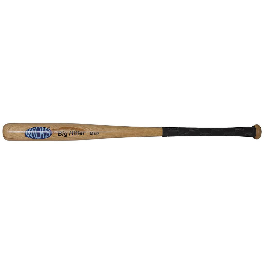 Aresson Wilks Big Hitter Maxi 34-inch hardwood softball bat resting on a wooden surface, showing its smooth finish and brand logo.