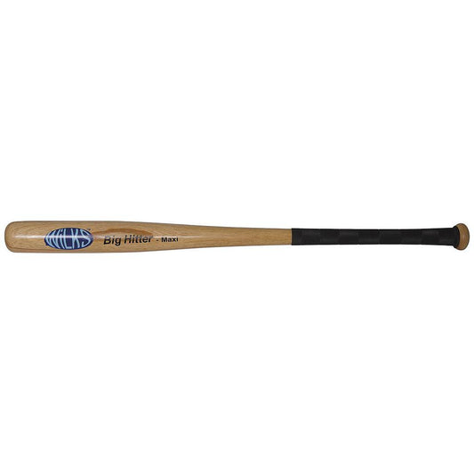 Aresson Wilks Big Hitter Maxi 34-inch hardwood softball bat resting on a wooden surface, showing its smooth finish and brand logo.