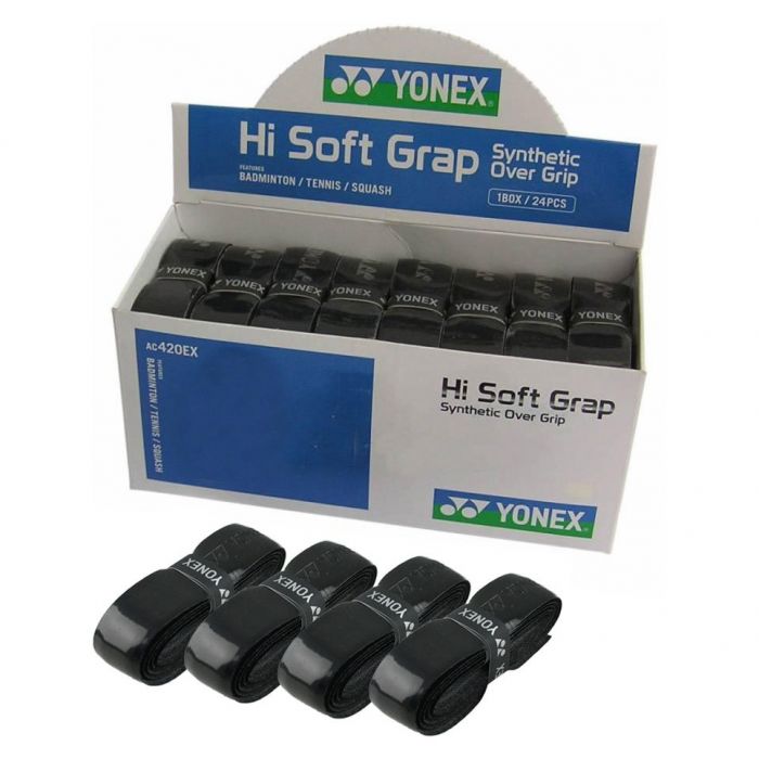 Yonex AC420 Hi Soft Grap Overgrip pack of 24 with blue grips for tennis or badminton rackets, showing textured surface and branding.