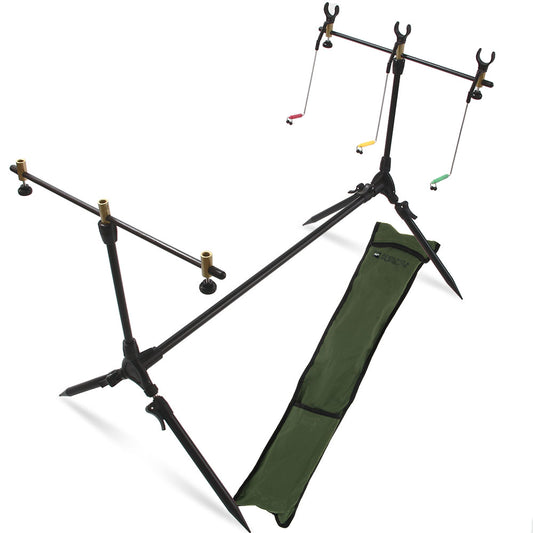 Angling Pursuits Session Pod 3 Rod Pod for fishing, featuring adjustable legs and multiple rod holders for angling convenience.