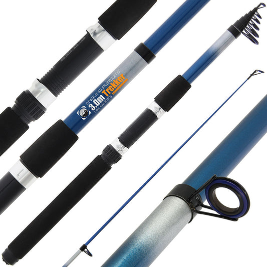 Angling Pursuits Trekker telescopic fibreglass fishing rod extended for fishing, lightweight sporting equipment for anglers.
