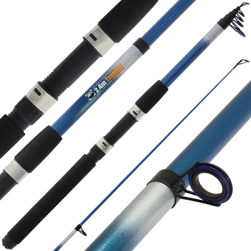 Angling Pursuits Trekker telescopic fishing rod made of fibreglass, fully extended with reel and line visible for sport fishing.