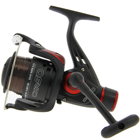 Angling Pursuits CKR50 1BB fishing reel with 8lb line, sporty fishing reel with black and silver design and handle detail