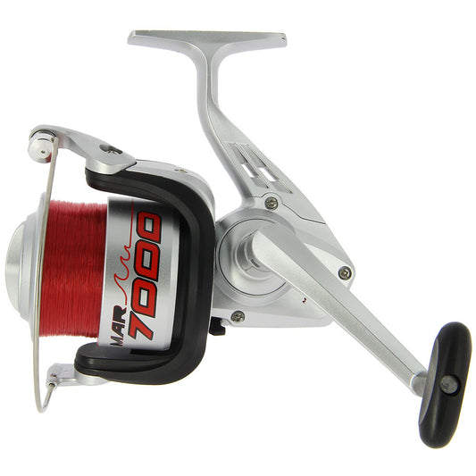 Angling Pursuits MAR7000 1BB sea reel with 15lb red line for fishing, shown with spool and handle.