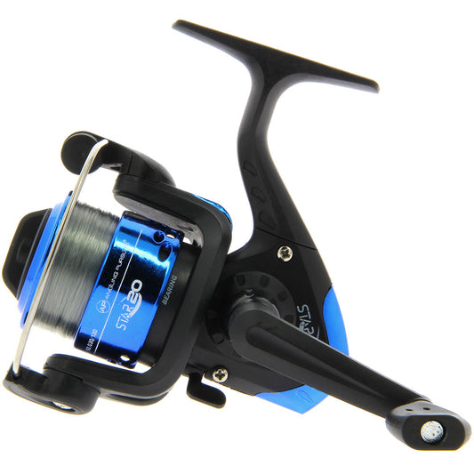 Angling Pursuits Star 20 1BB fishing reel with 8lb line, featuring a black and silver design and ergonomic handle for freshwater fishing.