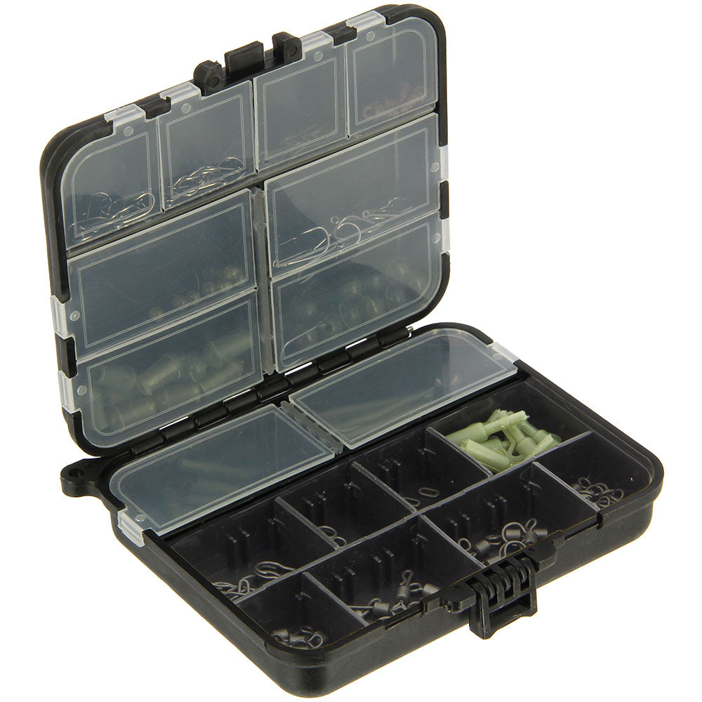 Angling Pursuits 175-piece terminal tackle set for carp fishing, including hooks, weights, and accessories in a compact kit.