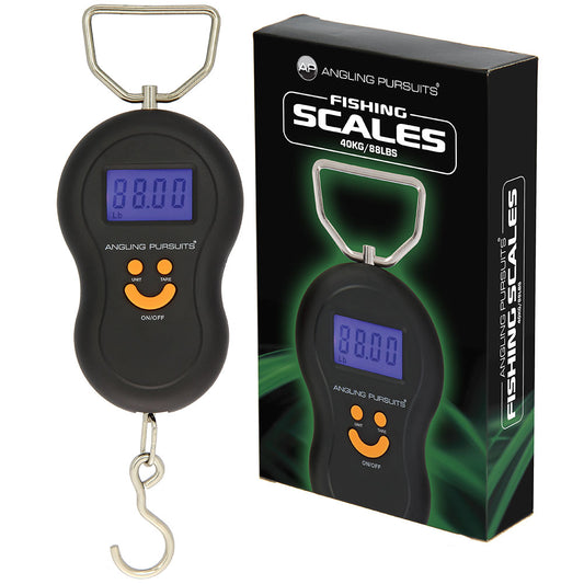 Angling Pursuits digital fishing scales displaying 40kg weight capacity, with a sleek black design and digital screen for accurate readings.