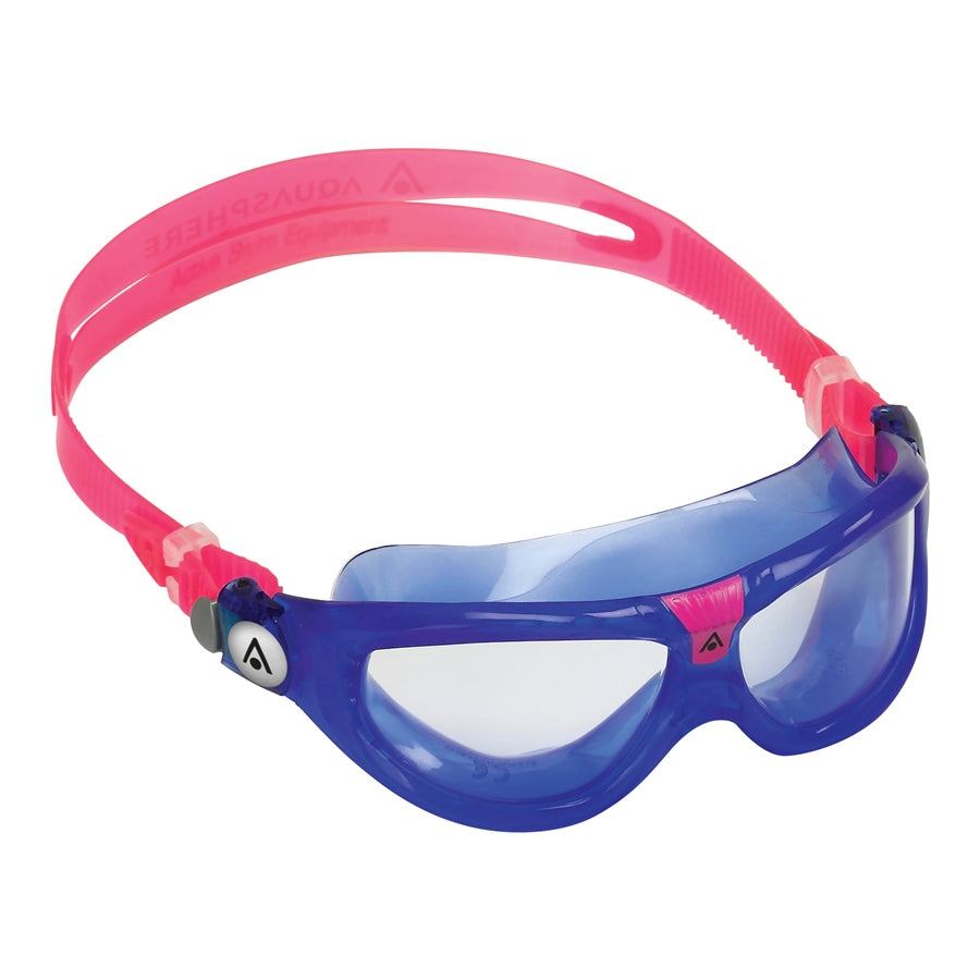 Kids’ Aquasphere Seal 2.0 swimming mask with clear silicone skirt and adjustable straps, designed for comfortable underwater swimming.